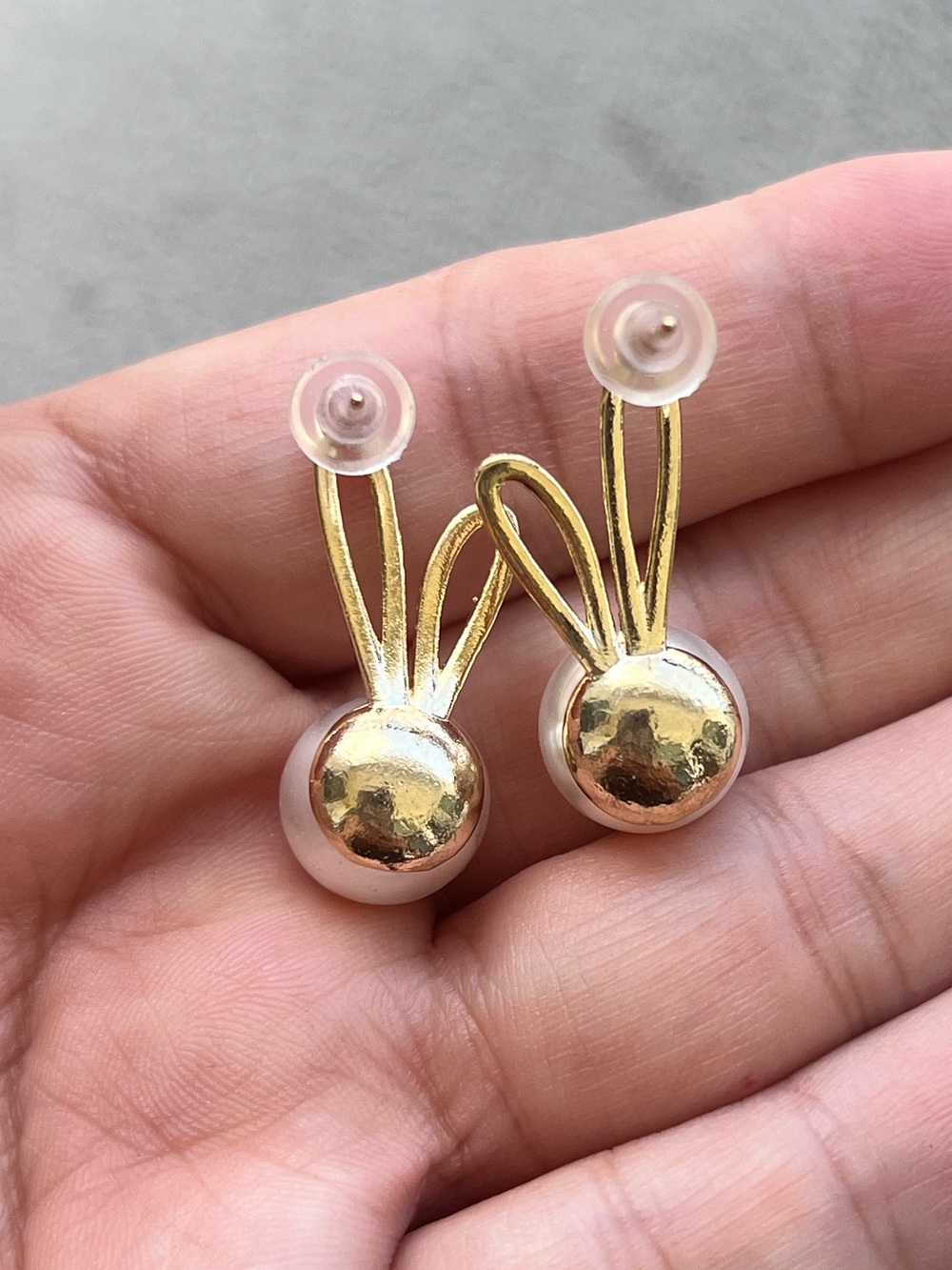 Gold Tone Pearl Bunny Ear Stud Earrings - Picture 3 of 3